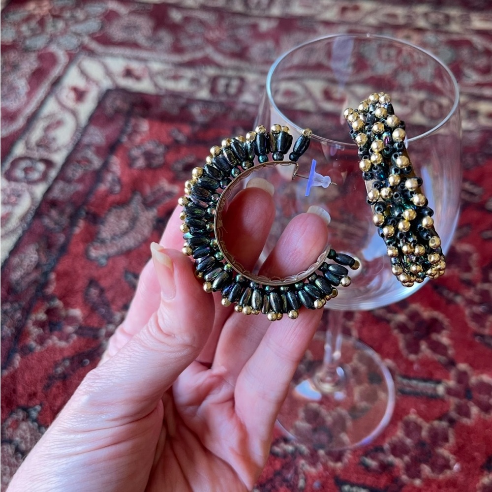 Vintage Statement Openwork Beaded AB Gold 60s 70s Disco Beaded Half Hoop Earring